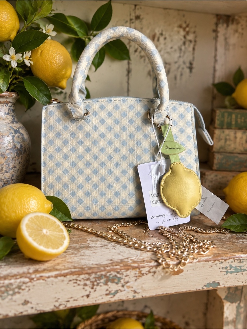 Blush Kiss Blue Gingham Mini Satchel/ Crossbody with Lemon Charm- NWT